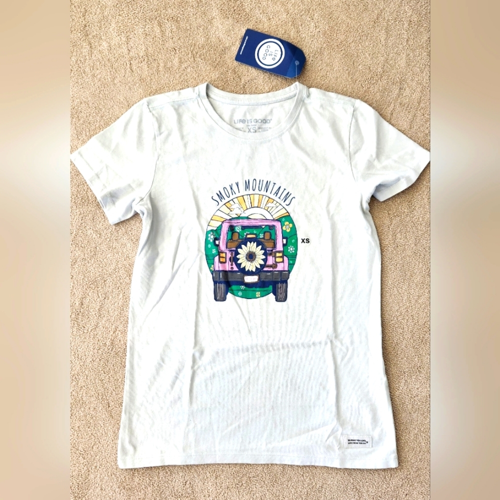 New with tags "Life is Good" Crusher Smoky Mountains tee, Fog Gray in XS & Large